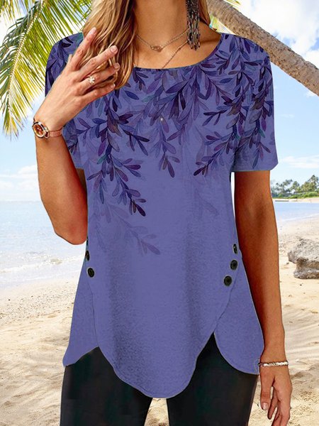 

JFN Round Neck Floral Tulip Hem Vacation Tunic Tops, Purple, T-Shirts