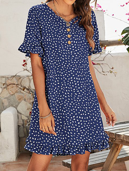 

Sapphire Blue and White Spotted Ruffle Shift Dress Polka Dots Casual V Neck Short Sleeve Woven Dress, Dresses