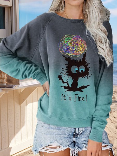 

I'm Fine Printed Casual Round Neck Loose Sweatershirts, Multicolor, Tops