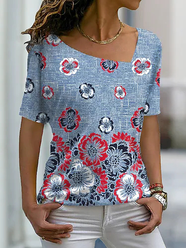 

Floral V Neck Short Sleeve T-Shirt, Multicolor, T-Shirts