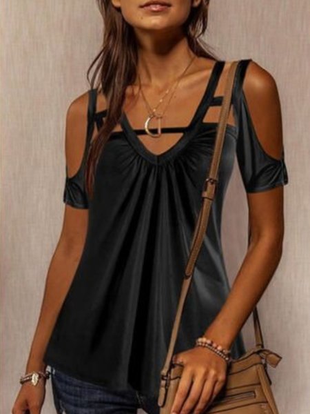 

Casual Solid V neck Short Sleeve T-Shirt, Black, T-Shirts
