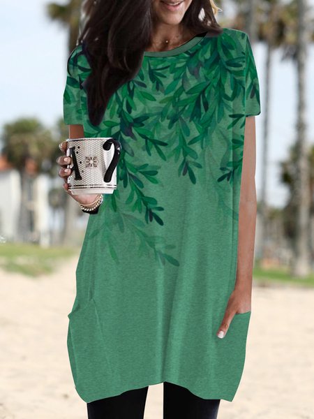 

Leaves Crew Neck Leaves Short Sleeve Knit Dress, Green, Shirts & Blouses