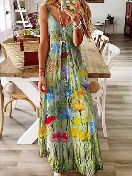 

Spaghetti Floral Vacation Sleeveless Woven Dresses, Multicolor, Dresses