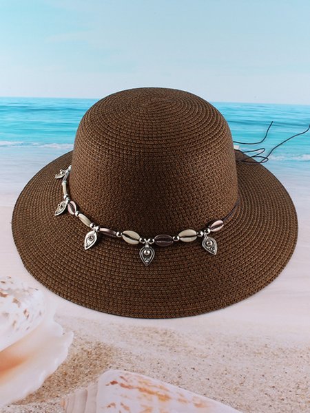 

JFN Boho Sunscreen Straw Hat with Shell Embellished, Coffee, Women Hats
