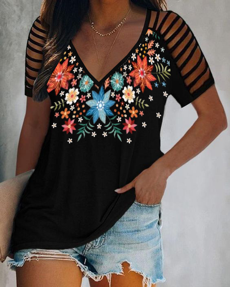 

V Neck Tribal Loosen Short Sleeve T-Shirt, Black, T-Shirts