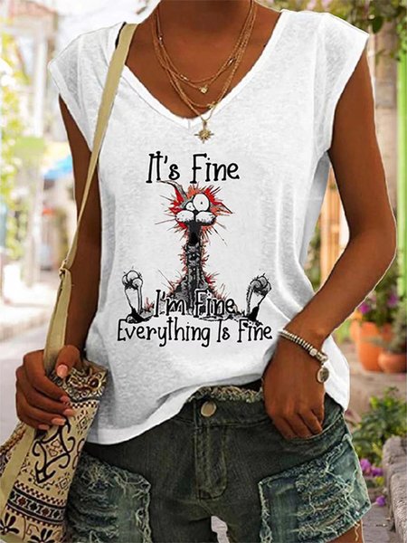 

Women's I Am Fine Everything Is Fine V Neck T-Shirt, White, Tank Tops & Camis