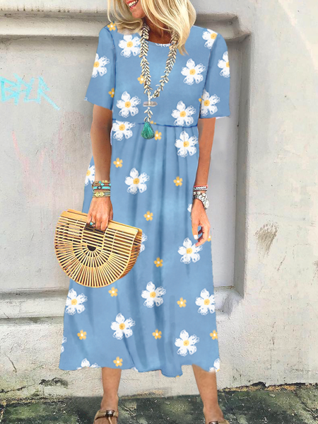 

Casual Short Sleeve Knit Dress, Blue, Midi Dresses