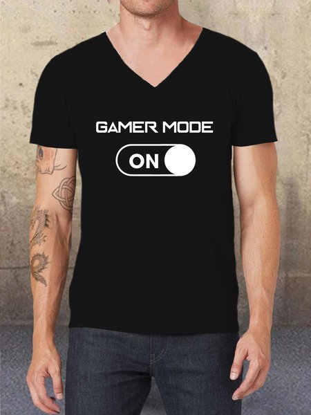 

Game Mode Funny Print V Neck Short Sleeve T-Shirt, Black, T-shirts