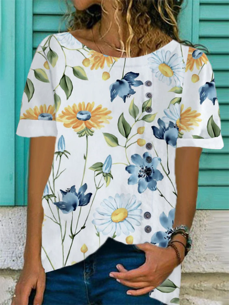 

Floral Crew Neck Casual Short Sleeve Tops, White, Tops