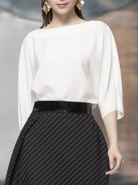 

Daily Boat Neck Plain Simple Short Sleeve Top, White, Tops