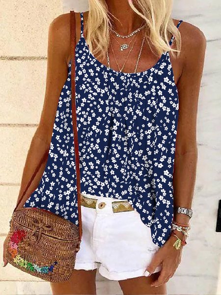 Flower vacation loose top suspender, Deep blue, Tanks & Camis
