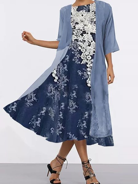 

Two-Piece Loose Casual Floral Print Midi Dress, Blue, Dresses