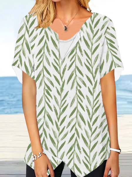 

Loosen Leaves Short Sleeve Tops, Green, Tops