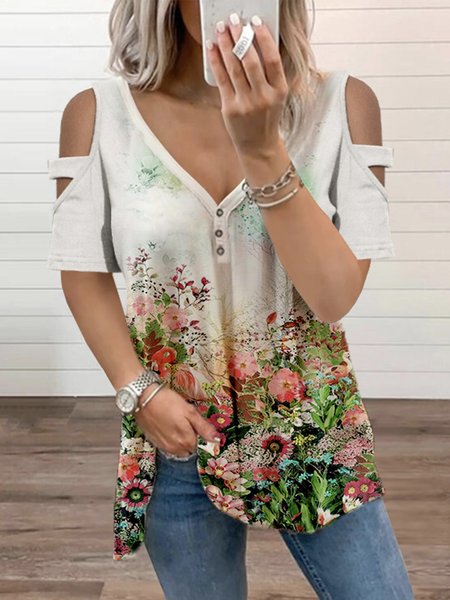 Floral V Neck Short Sleeve Plus Size Casual T-Shirt, White, T-Shirts