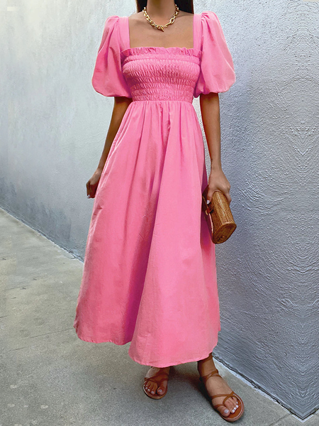 

Summer Square neck Plain Square Neck Regular Fit Short Sleeve Woven Dress, Pink, Maxi Dresses