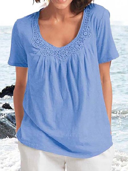 Plain Lace Panel Short Sleeve Top, Blue, Shirts & Blouses
