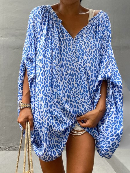 

Loosen Henley Casual Short Sleeve Top, Blue, Tops