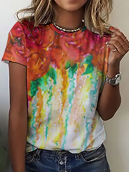 

Casual Abstract Gradient Print Crew Neck Short Sleeve T-Shirt, As picture, T-shirts