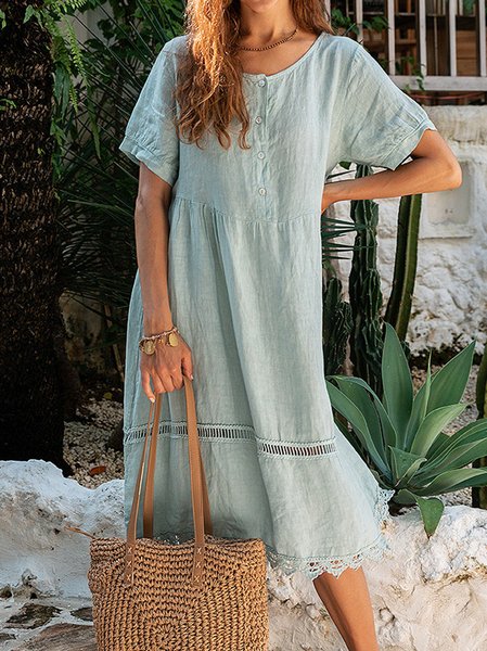 

Guipure Hollow Out Short Sleeve Woven Dress, Blue, Midi Dresses