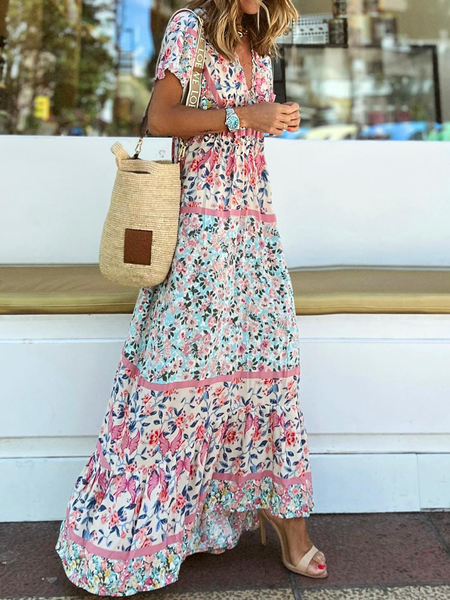 

Plus size V Neck Vacation Short Sleeve Floral Dress, Pink, Maxi Dresses