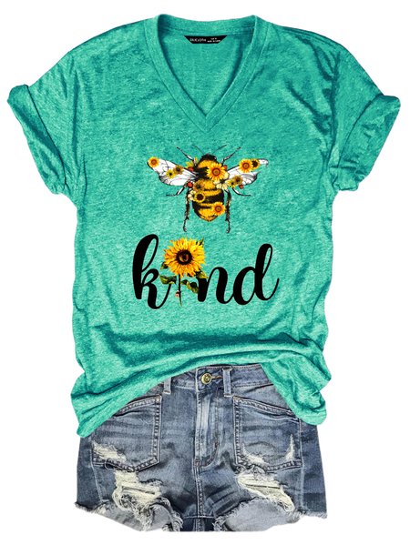 

Funny Bee Kind Sunflower Print V-neck T-shirt, Green, T-shirts