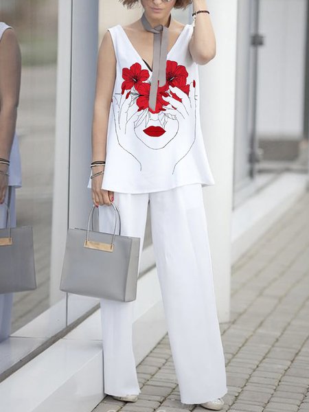 

Simple V Neck Loosen Sleeveless Two Piece Set, White, Pants Set
