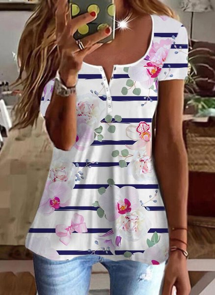 

JFN Casual Striped Floral Short Sleeve Tops T-shirt/Tee, White, Shirts & Blouses