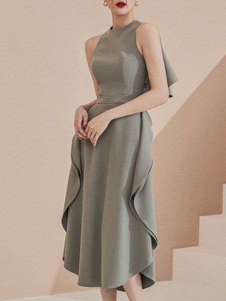 

Midi Crew Neck Regular Fit Sleeveless Woven Dress, Gray, Maxi Dresses