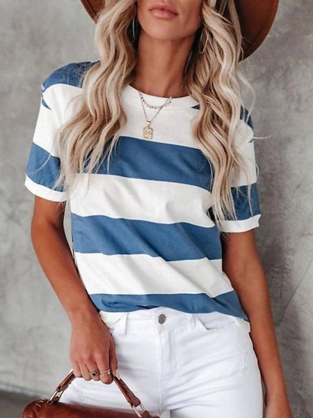 

Round Neck Casual Short Sleeve T-Shirt, Blue, T-Shirts