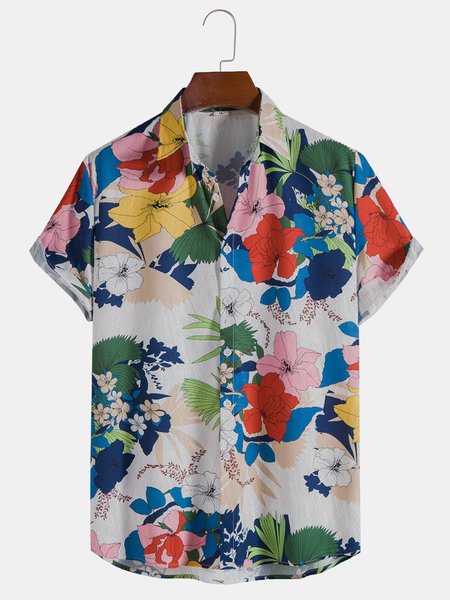 

Cotton And Linen Holiday Leisure Short-sleeved Shirt, As picture, Men's Floral shirt