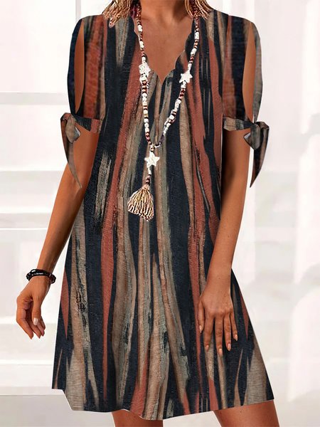 Striped Casual Short Sleeve Woven Dress, Brown, Mini Dresses