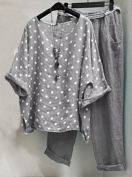 

Cotton Blends Polka Dots Loosen Two-Piece Set, Gray, Suit Set