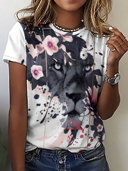 

Casual Abstract Lion Floral Print Crew Neck Short Sleeve T-Shirt, As picture, T-shirts