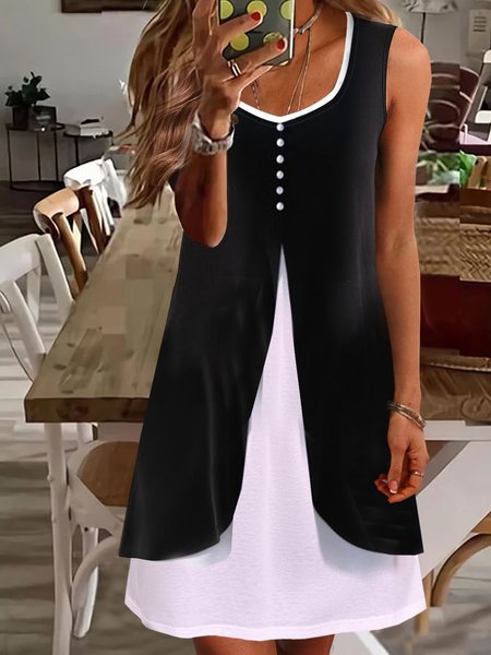 

Crew Neck Cotton Blends Casual Sleeveless Knitting Dresses, Black, Mini Dresses