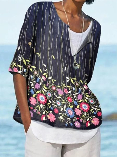 

Casual V neck Floral Three Quarter Loosen Tops, Blue, Tops