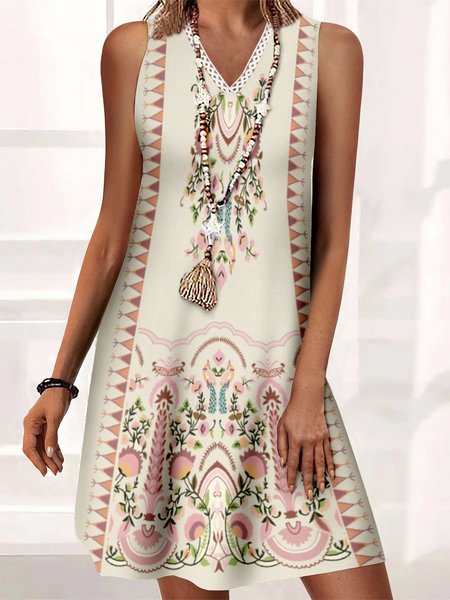

Tribal Floral V Neck Plus Size Casual Sleeveless Dresses, Apricot, Mini Dresses