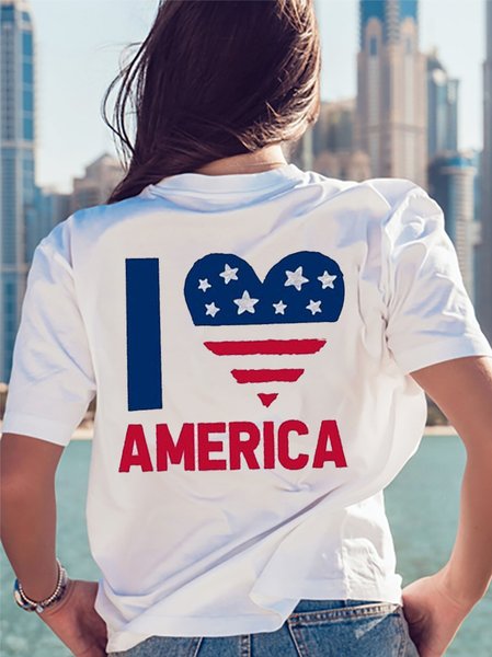 

I love America Crew Neck Casual Short Sleeve T-Shirt, White, T-shirts