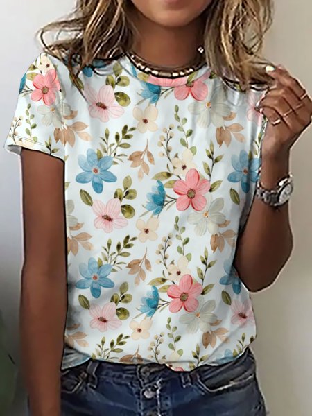 

Casual Simple Floral Print Crew Neck Short Sleeve T-Shirt, As picture, T-shirts