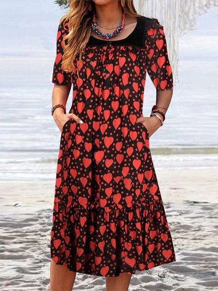 

Casual Heart Loosen Crew Neck Short Sleeve Woven Dress, Red, Midi Dresses