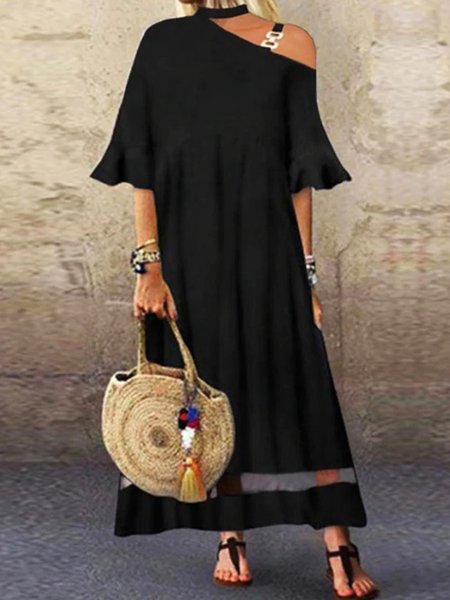 

Mesh Metal Off The Shoulder Solid Casual Half Sleeve A-line Dress, Black, Maxi Dresses