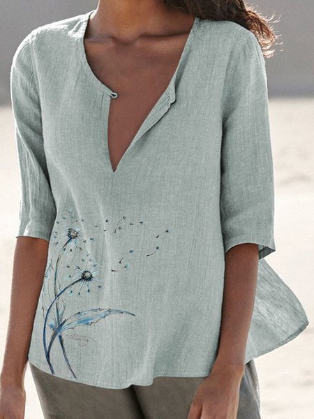 

V Neck Casual Loosen Short Sleeve Tops, Blue, Tops