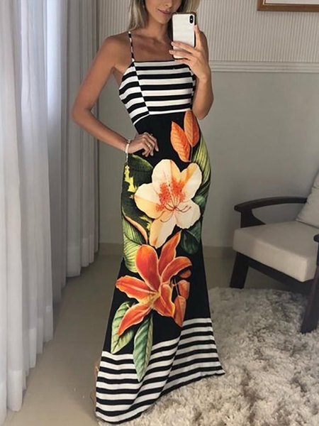 

Elegant Floral Spaghetti Sleeveless Knitting Maxi Dress, Flower, Maxi Dresses