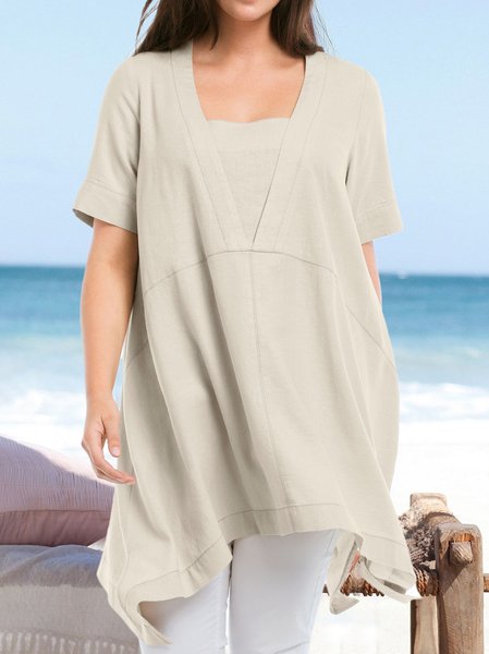 

Asymmetric Casual Cotton Blends Short Sleeve Tops, Apricot, Tops