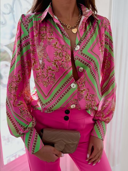 

Elegant Shirt Collar Long Sleeve Printed Blouse, Rose red, Blouses and Shirts