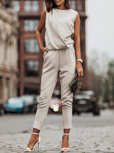 

Daily Solid Crew Neck Jumpsuit & Romper, Light khaki, Jumpsuits