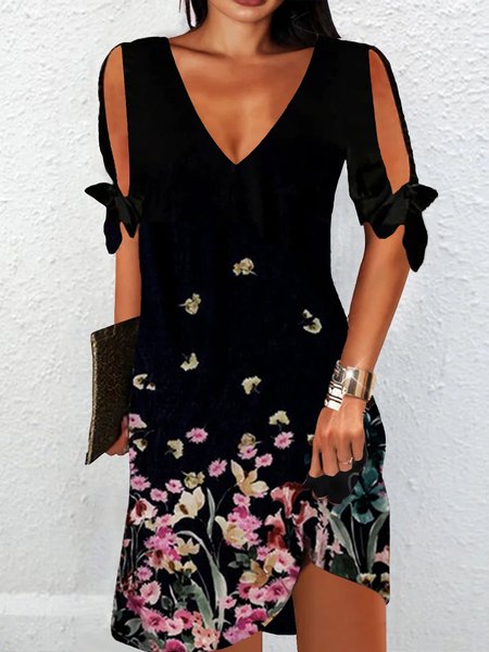 

Floral Loosen Short Sleeve Knit Dress, Black, Mini Dresses
