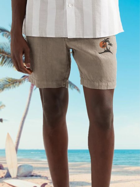 

Men's Cotton Linen Coconut Embroidered Casual Shorts, Khaki, Shorts