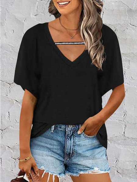 

V Neck Embellished Loosen Short Sleeve T-Shirt, Black, T-Shirts