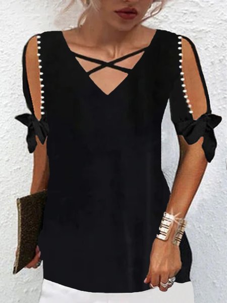 

Casual Short Sleeve V Neck Plus Size Tops T-shirts, Black, T-Shirts