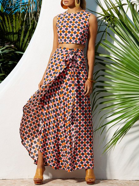 

Crew Neck Printed Geometric Two Piece Sets, Multicolor, Dress&Skirts Set